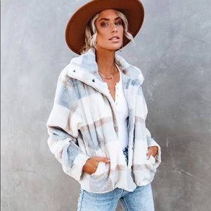 Vici Winter’s Tale Pocketed Plaid Faux Fur Jacket in size small